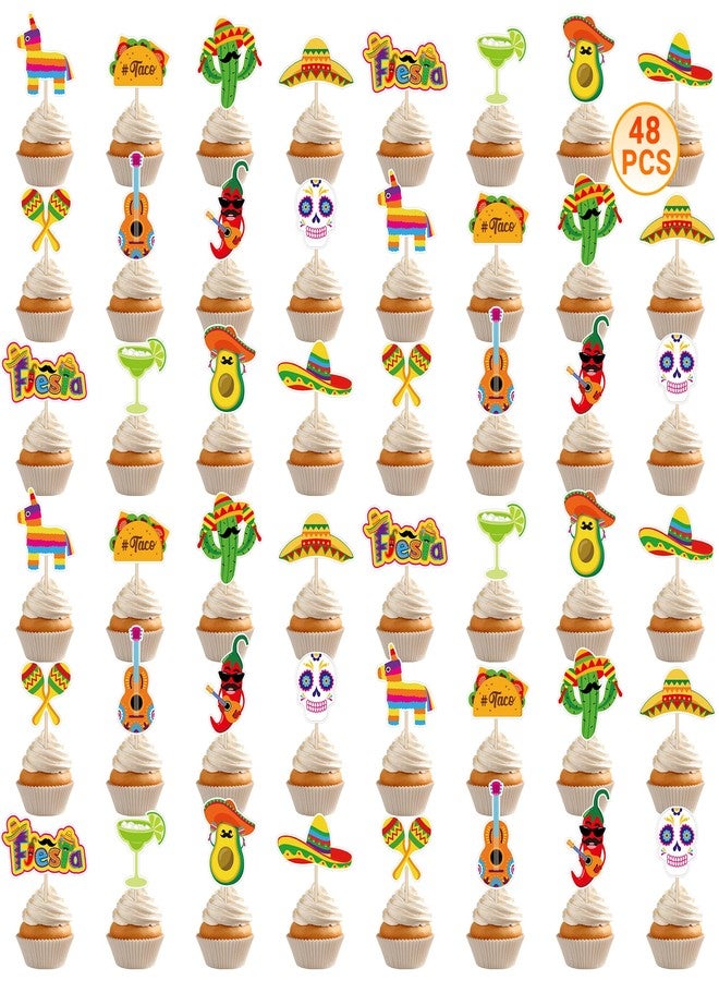 QZYL 48 PCS Cinco De Mayo Cupcake Toppers, 12 Style Mexican Party Decorations, Chili Cactus Sombrero Printing Design Fiesta Cake Toppers Mexican Cupcake Picks, Cinco De Mayo Decor for Mexican Party - Image 1
